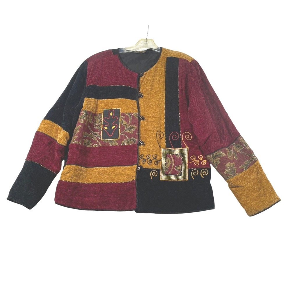 Vintage Allure Patchwork‎ Tapestry Jacket Womens XL Burgundy Gold Black Rayon